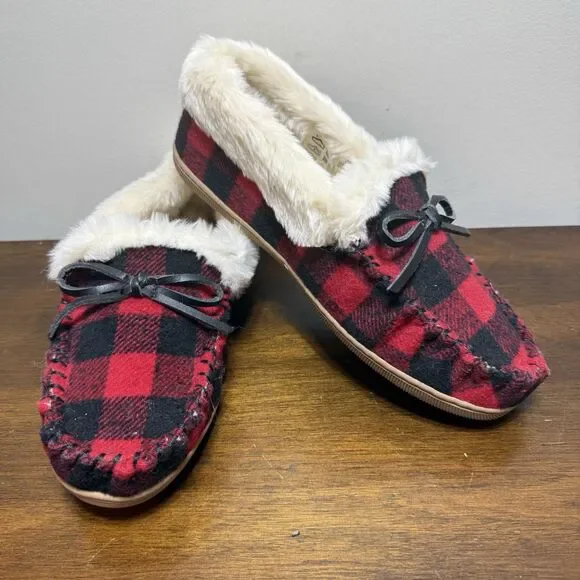 J Crew NWOT Red & Black Buffalo Plaid Faux-Shearling Moccasin Slippers Size 9 - Picture 2 of 9